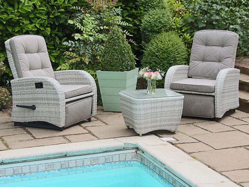 Reclining Rattan Bistro Set Built in Footrests in Latte 2020